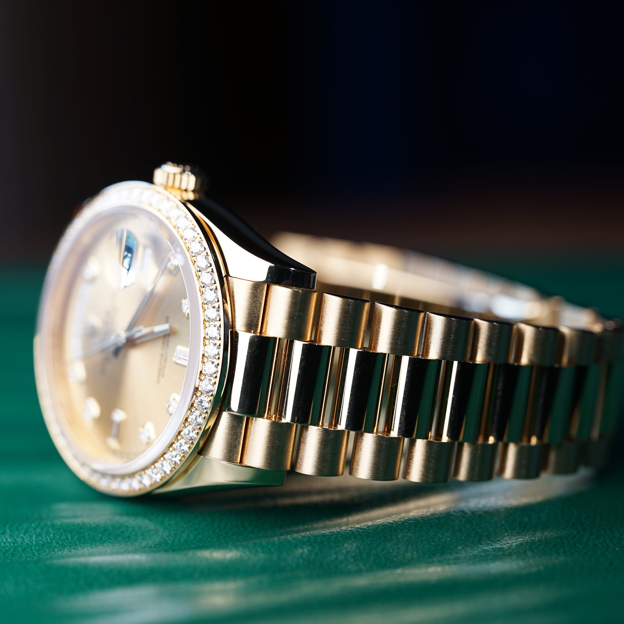 Rolex Day-Date 36 mm Champagne-Colour Set With Diamonds Dial 18k Yellow Gold President Bracelet 128348rbr-0080 - WATCHXNYC