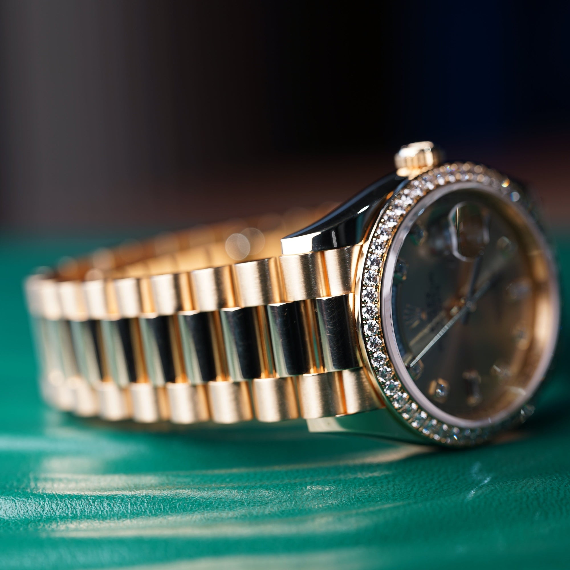 Rolex Day-Date 36 mm Champagne-Colour Set With Diamonds Dial 18k Yellow Gold President Bracelet 128348rbr-0080 - WATCHXNYC
