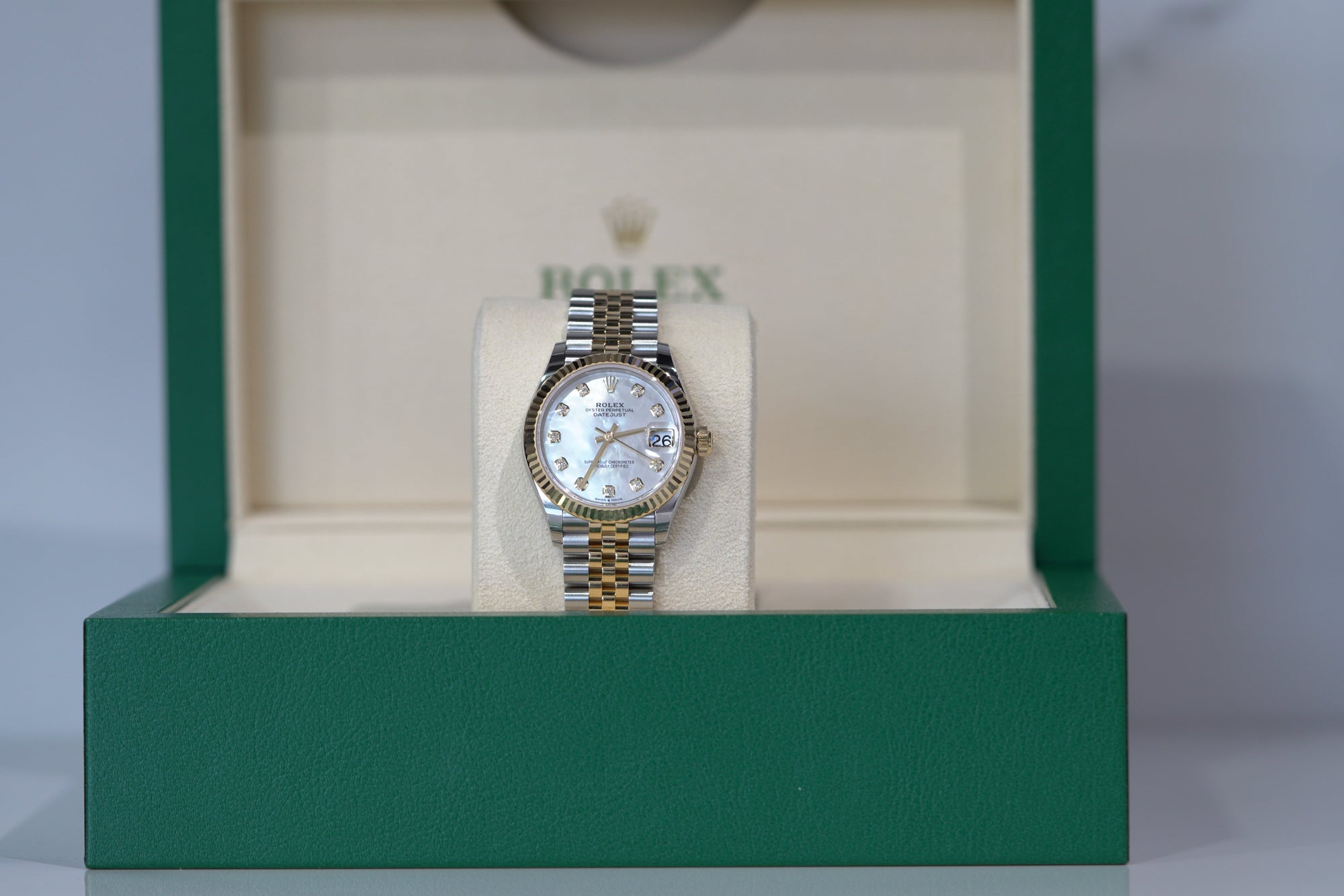 Rolex Datejust 31 31 mm White Mother-Of-Pearl Set With Diamonds Dial Oystersteel and 18k Yellow Gold Jubilee Bracelet 278273-0028 - WATCHXNYC