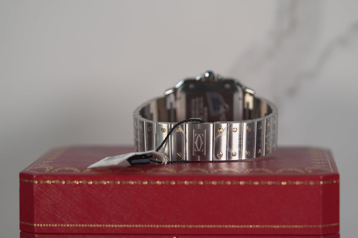 Cartier Santos Large 47.5 mm x 39.8 mm Yellow Gold Silver Dial Steel Bracelet W2SA0009 - WATCHXNYC