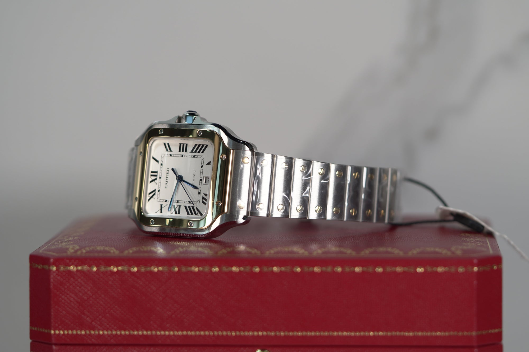 Cartier Santos Large 47.5 mm x 39.8 mm Yellow Gold Silver Dial Steel Bracelet W2SA0009 - WATCHXNYC