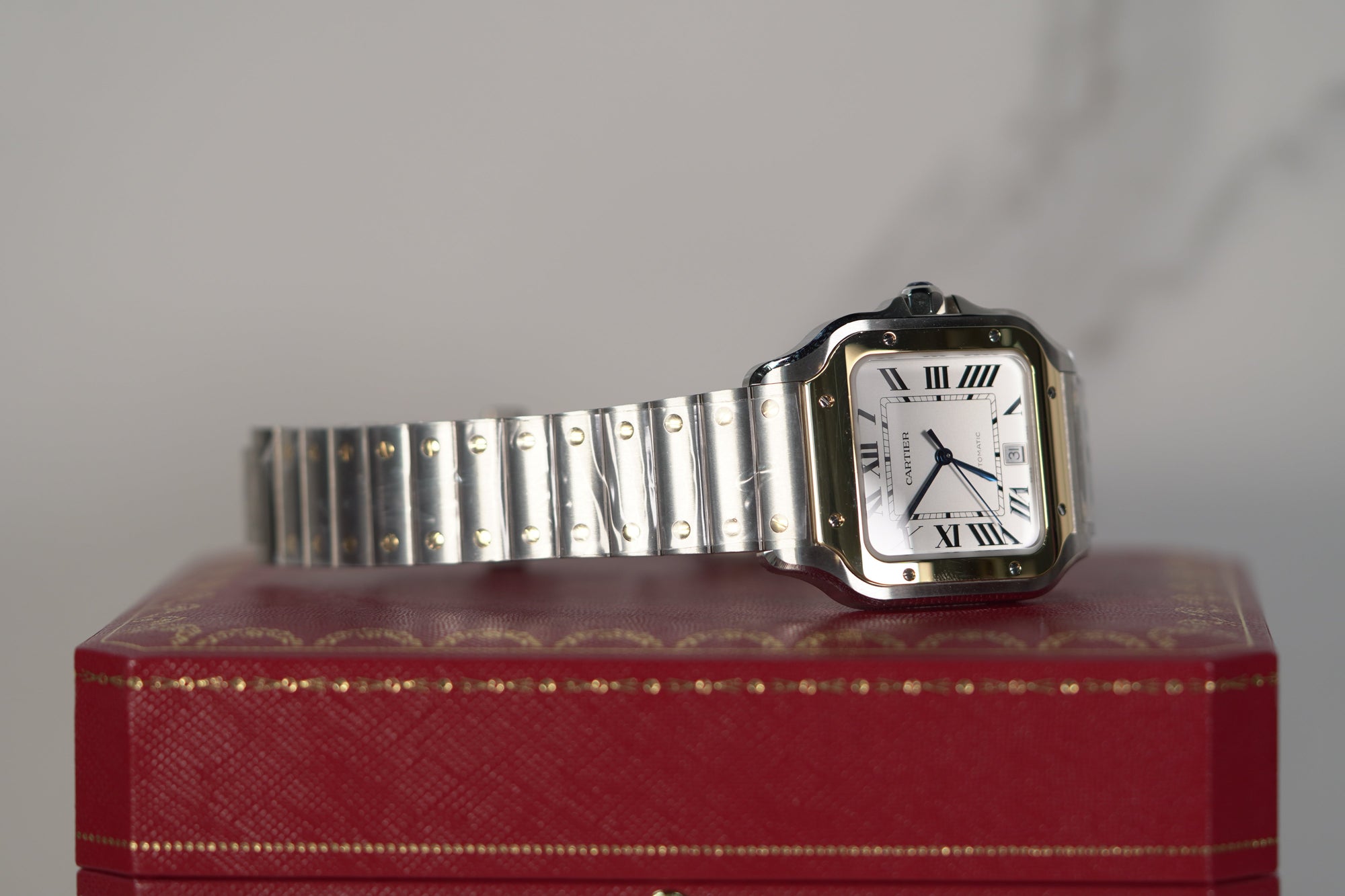 Cartier Santos Large 47.5 mm x 39.8 mm Yellow Gold Silver Dial Steel Bracelet W2SA0009 - WATCHXNYC