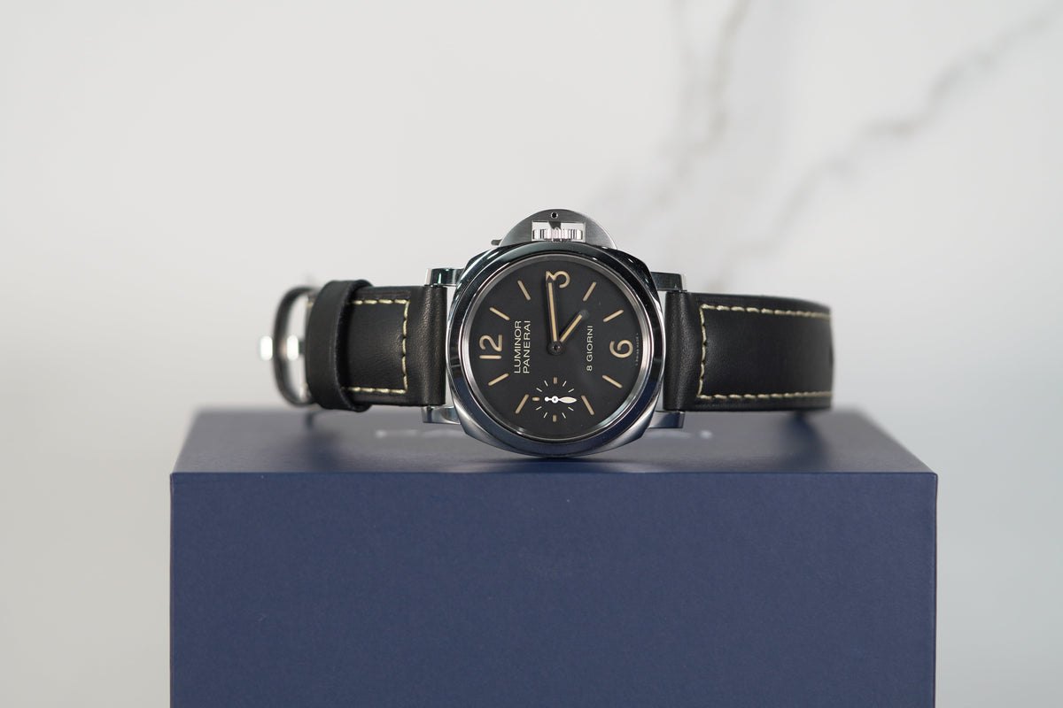 Panerai Luminor 8 Giorni 44 mm Black Dial Stainless Steel Black   Leather Strap PAM00915 - WATCHXNYC