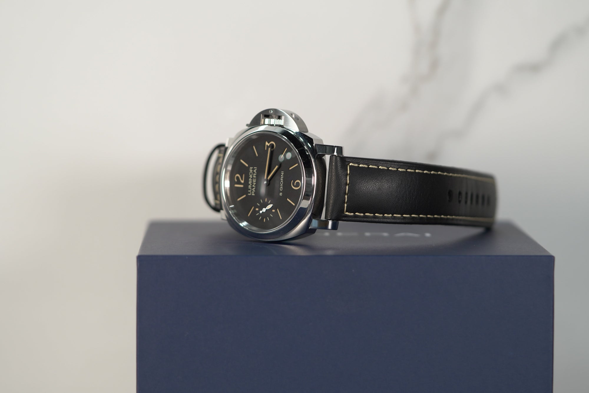 Panerai Luminor 8 Giorni 44 mm Black Dial Stainless Steel Black   Leather Strap PAM00915 - WATCHXNYC