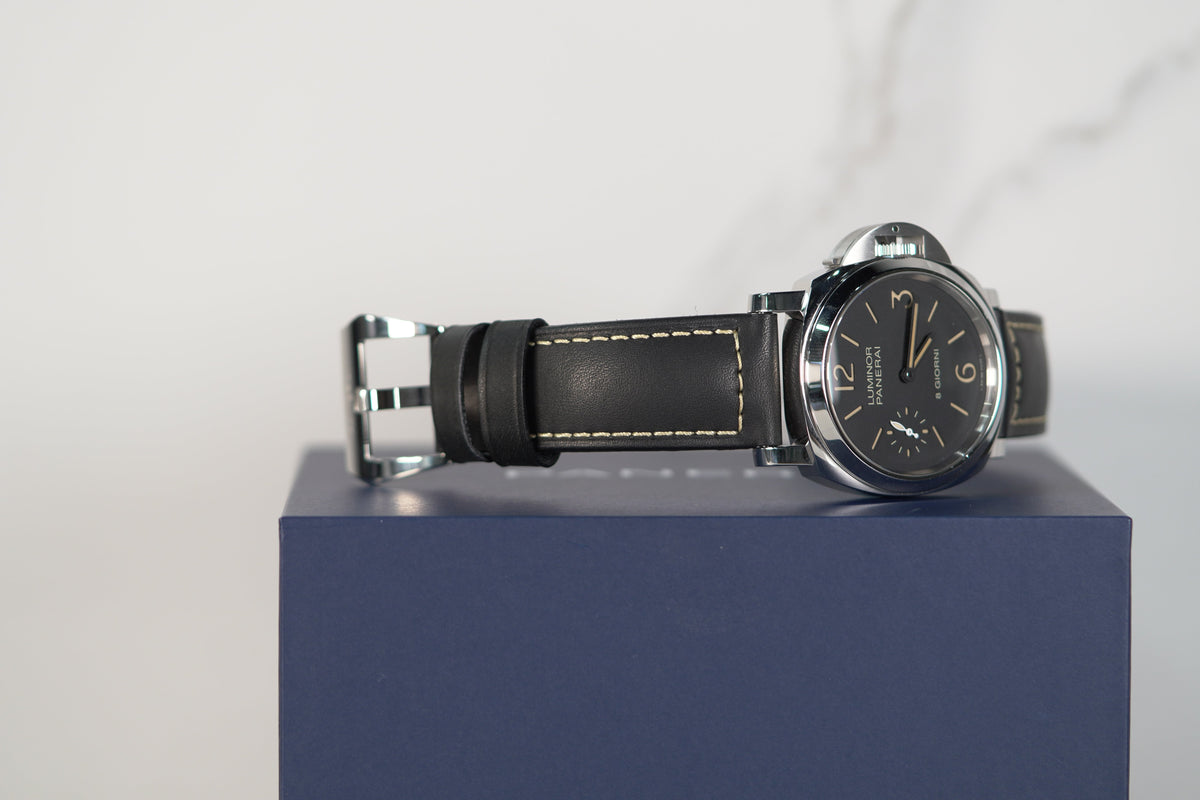Panerai Luminor 8 Giorni 44 mm Black Dial Stainless Steel Black   Leather Strap PAM00915 - WATCHXNYC