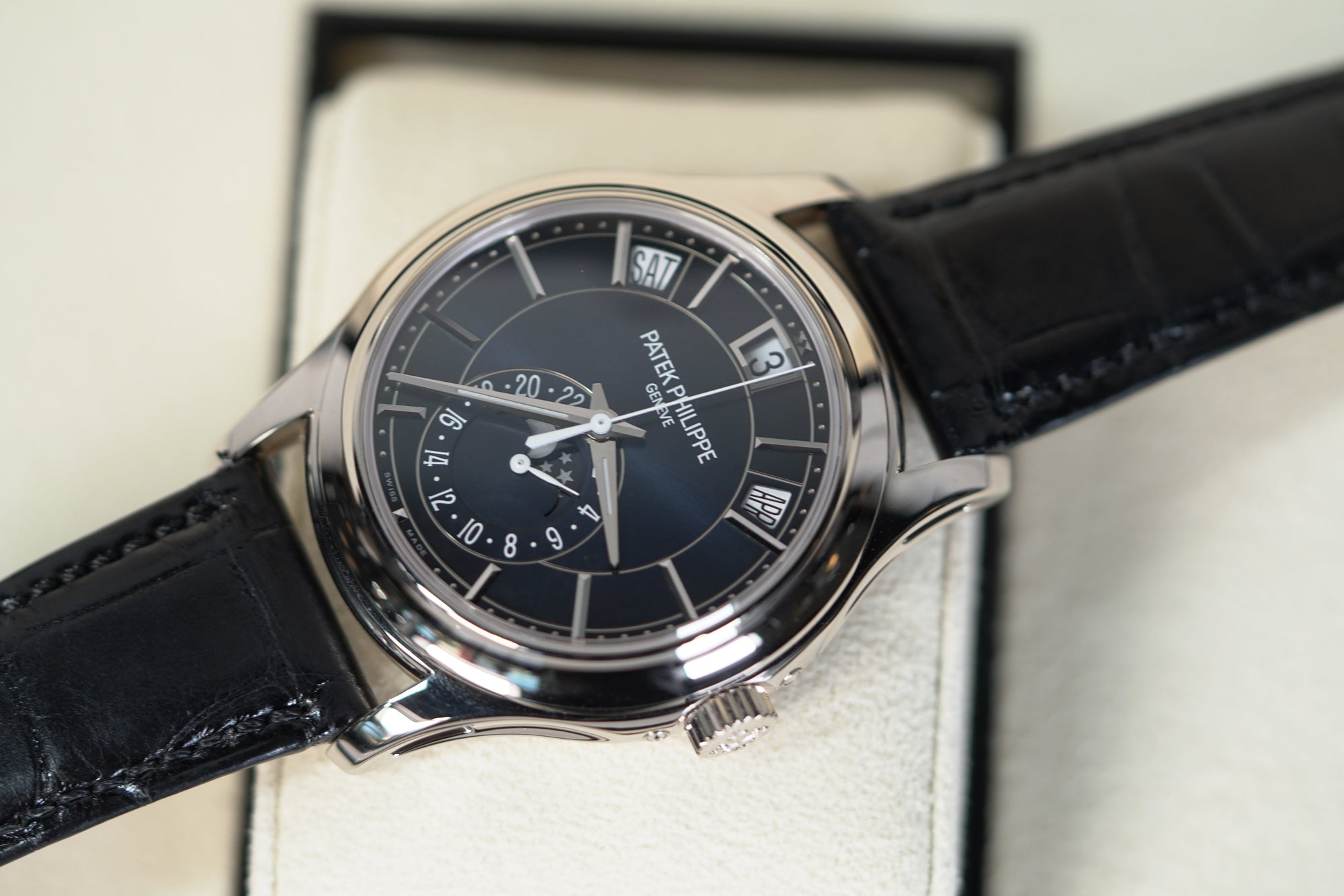 Patek Philippe Complications 40 mm Blue Dial 18K White Gold   Leather Strap 5205G-013 - WATCHXNYC