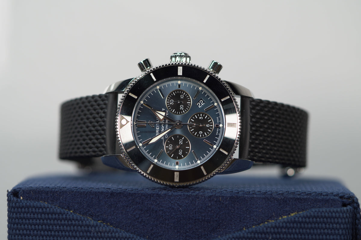 Breitling Superocean Heritage B01 Chronograph 44 mm Black And Blue Dial Stainless Steel Rubber Black Strap AB0162121C1S1 - WATCHXNYC