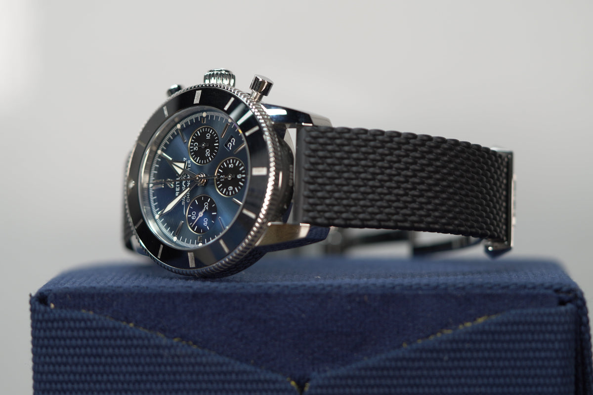 Breitling Superocean Heritage B01 Chronograph 44 mm Black And Blue Dial Stainless Steel Rubber Black Strap AB0162121C1S1 - WATCHXNYC