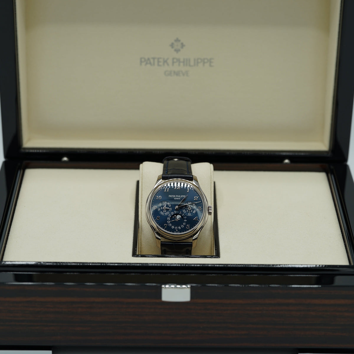 Patek Philippe Grand Complications Perpetual Calendar Blue Sunburst Dial White Gold Case   Blue Strap 39 mm 5327G-001 - WATCHXNYC