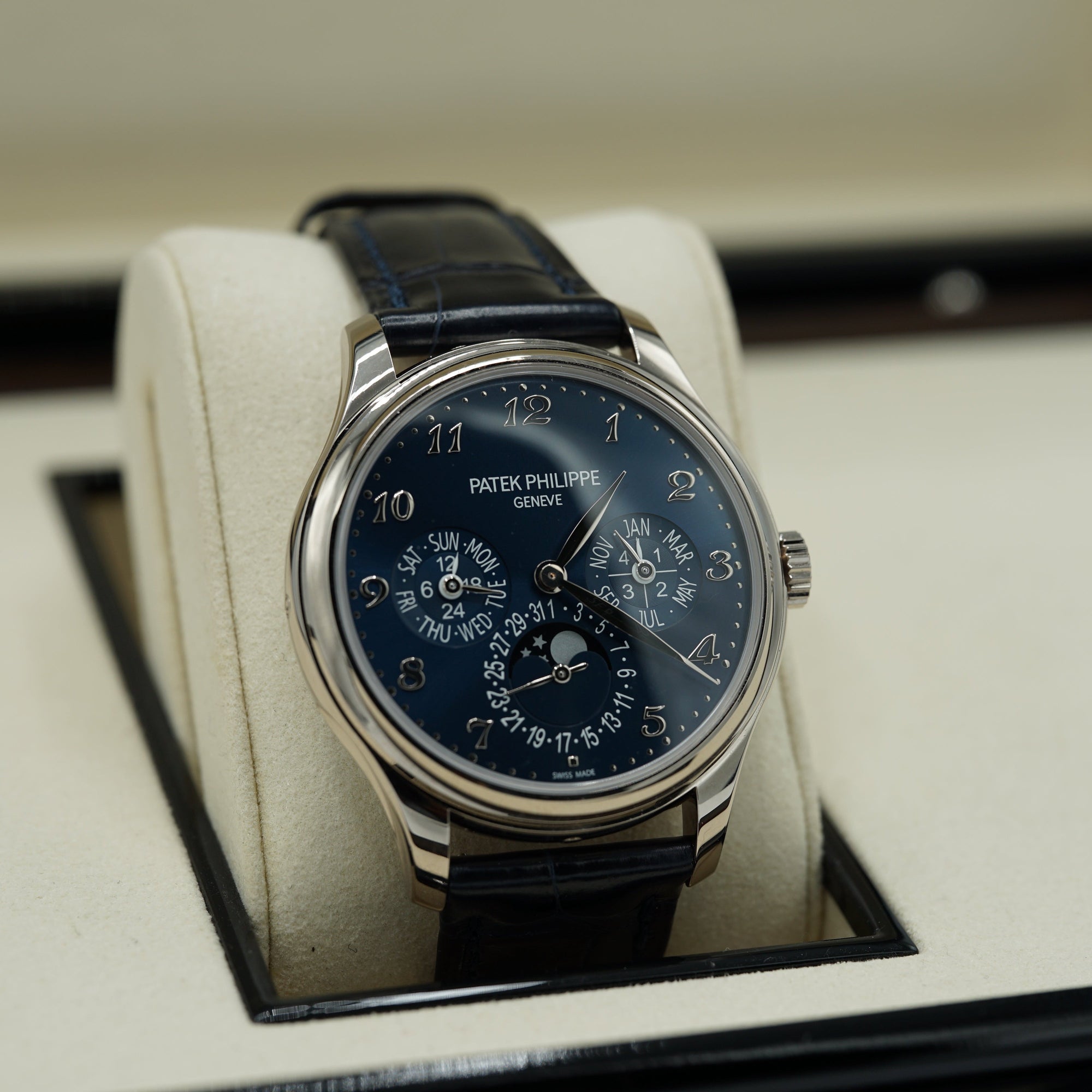 Patek Philippe Grand Complications Perpetual Calendar Blue Sunburst Dial White Gold Case   Blue Strap 39 mm 5327G-001 - WATCHXNYC