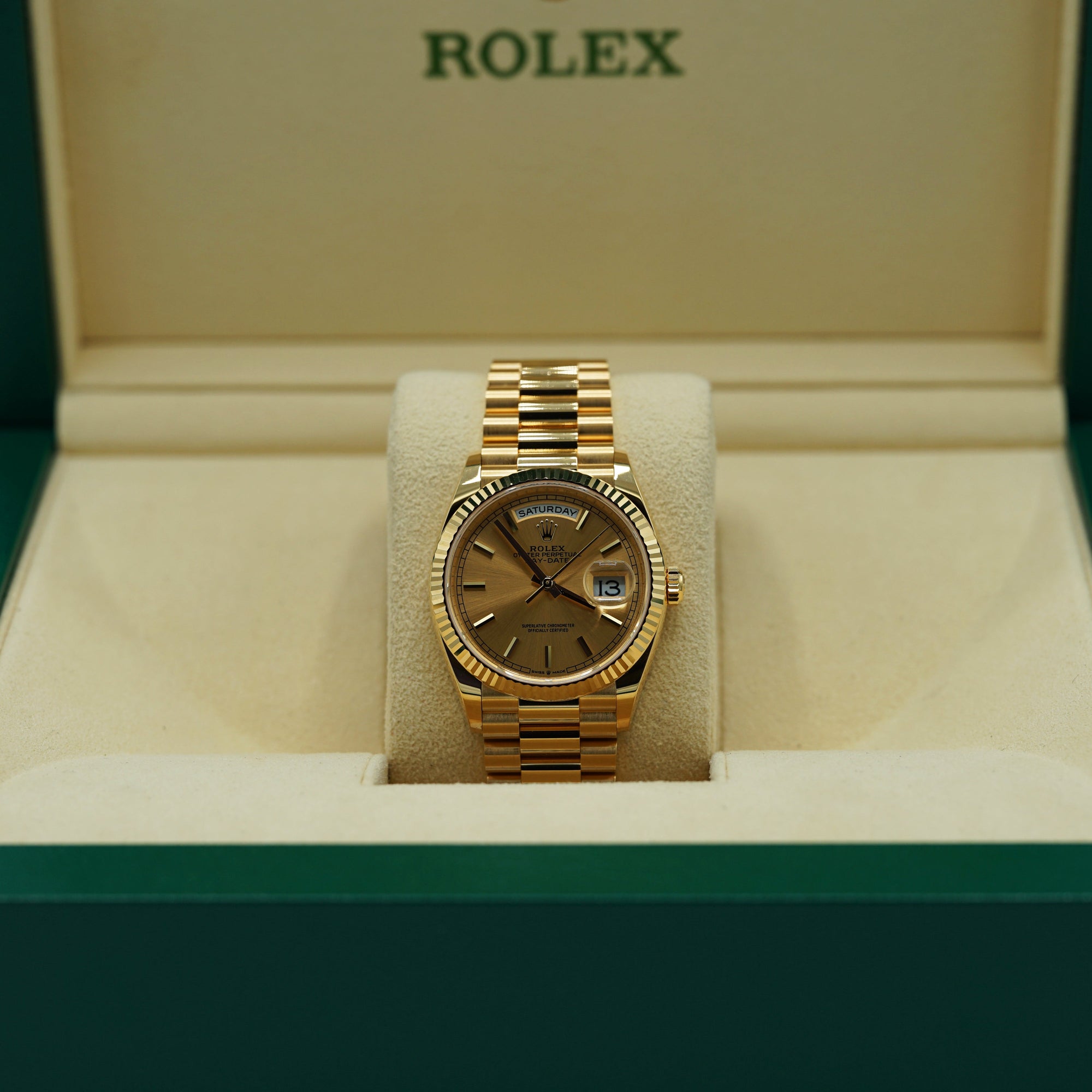 Rolex Day-Date 40 mm Champagne-Colour Dial 18k Yellow Gold President Bracelet 228238-0003 - WATCHXNYC