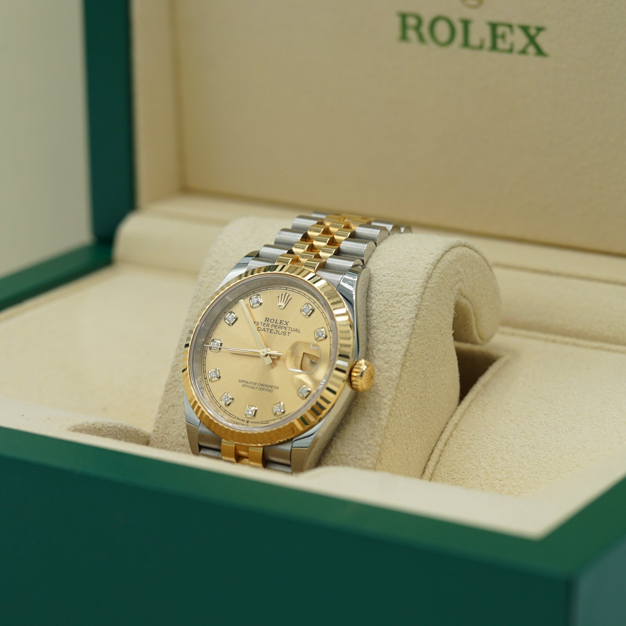 2025 Rolex Datejust 36 mm Champagne-Colour Set With Diamonds Dial Oystersteel and 18k Yellow Gold Jubilee Bracelet 126233-0017 - WATCHXNYC