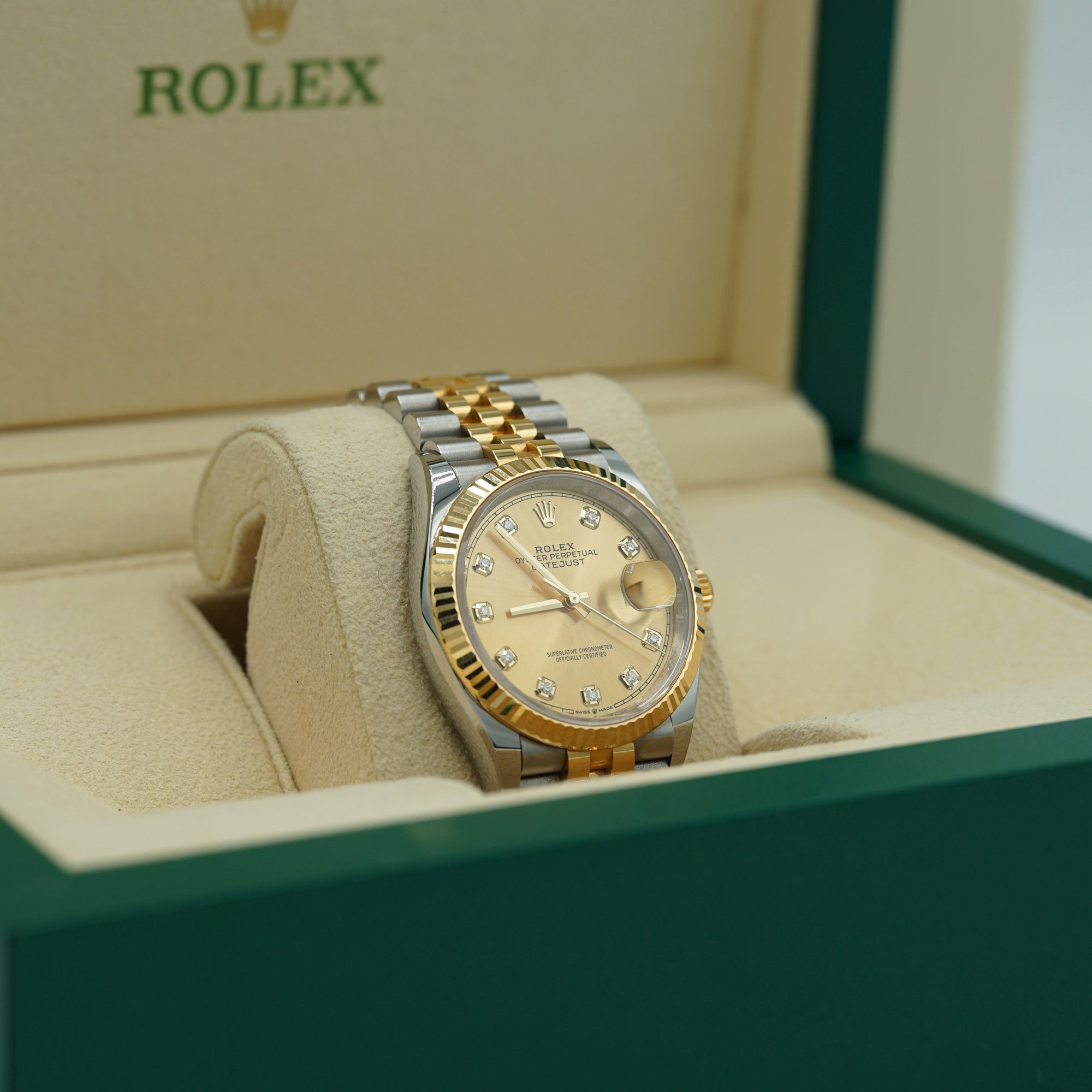 2025 Rolex Datejust 36 mm Champagne-Colour Set With Diamonds Dial Oystersteel and 18k Yellow Gold Jubilee Bracelet 126233-0017 - WATCHXNYC
