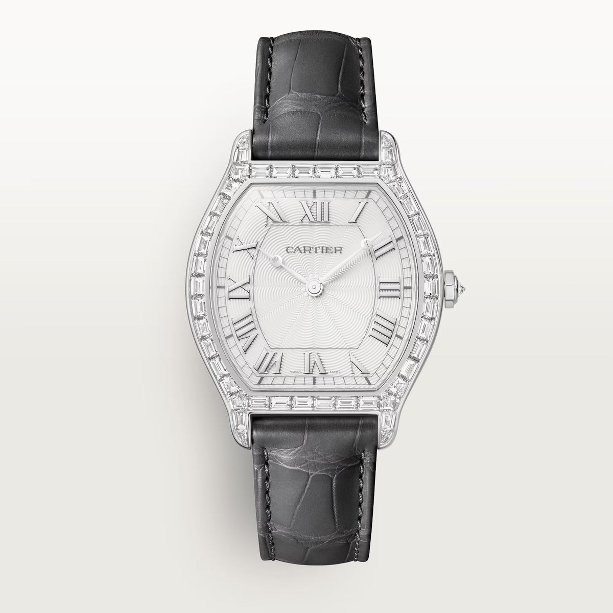 Cartier Tortue Large White Dial Platinum Grey Alligator Leather Strap HPI01830 - WATCHXNYC