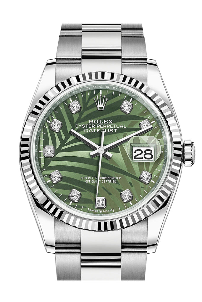 Rolex Datejust 36mm Olive Green Palm Motif Dial Stainless Steel 126234! - WATCHXNYC