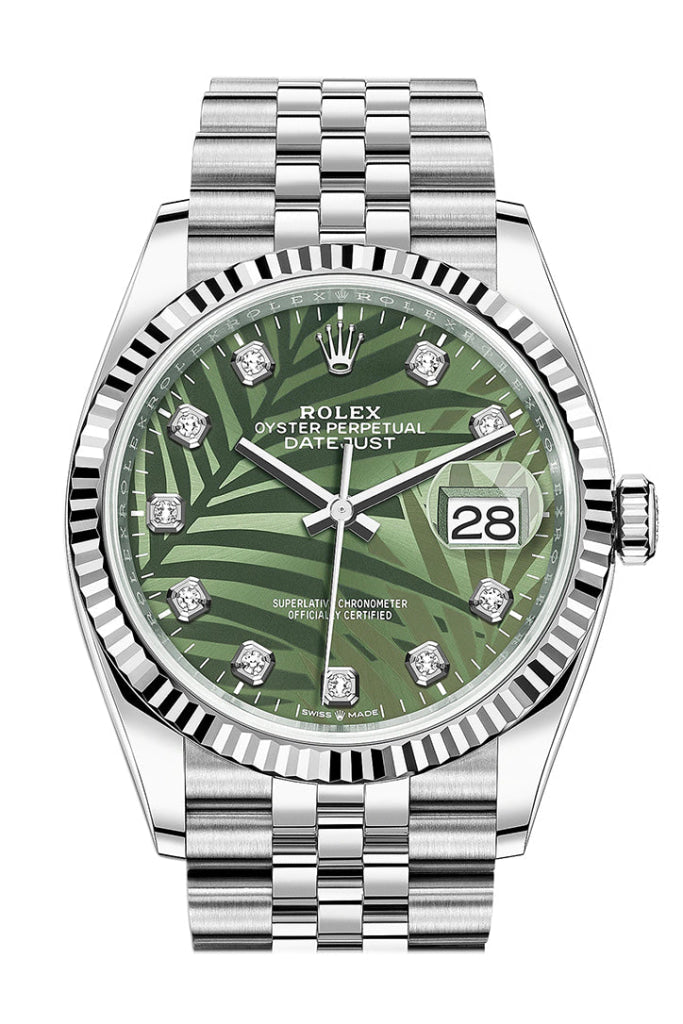 Rolex Datejust 36mm Olive Green Palm Motif Diamond Dial Stainless Steel 126234! - WATCHXNYC
