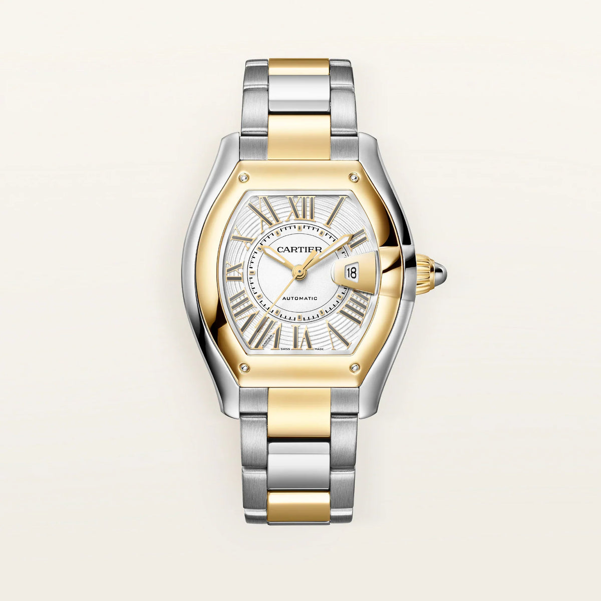 Cartier Roadster Medium White Dial 18K Yellow Gold Steel Bracelet W2RD0009 - WATCHXNYC