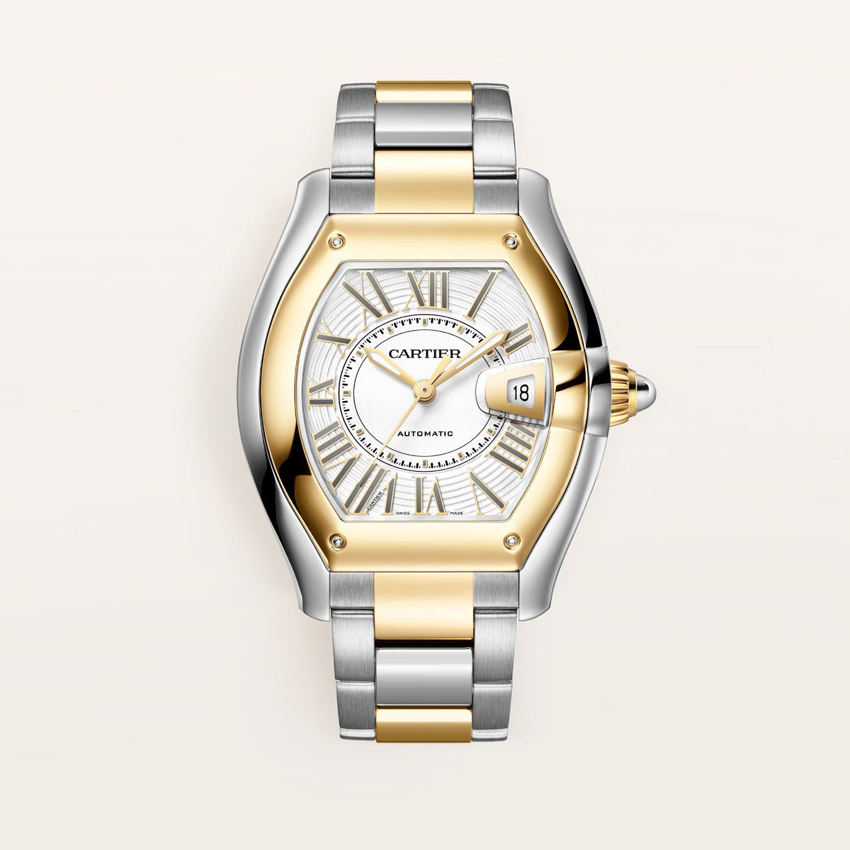 Cartier Roadster Large White Dial 18K Yellow Gold Steel Bracelet W2RD0010 - WATCHXNYC