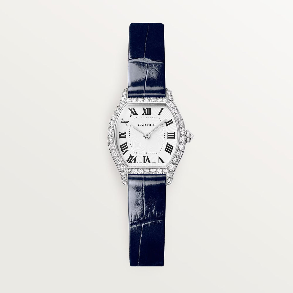 Cartier Tortue Mini White Dial 18K White Gold Navy Blue Alligator Leather Strap WJTO0013 - WATCHXNYC