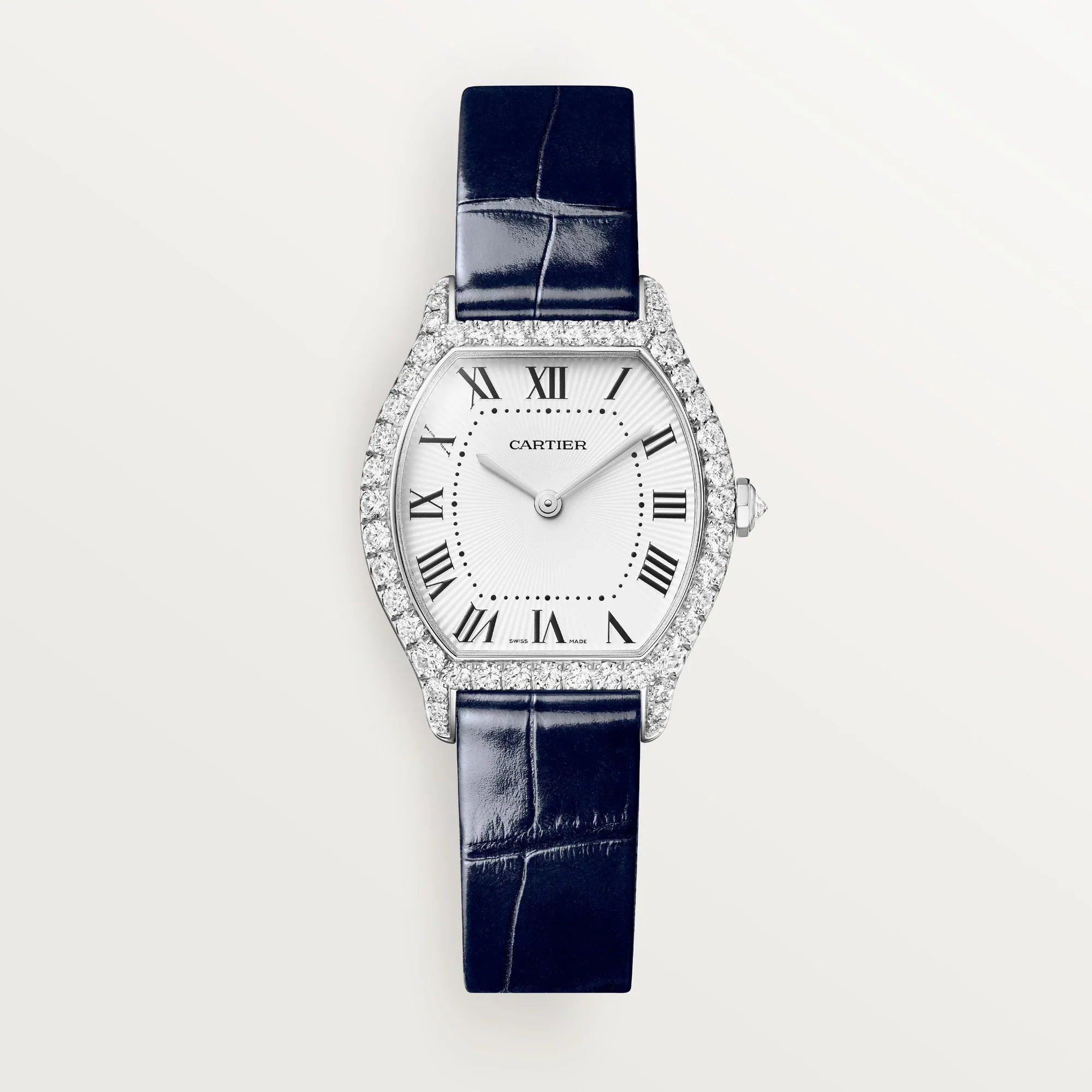 Cartier Tortue Small White Dial 18K White Gold Navy Blue Alligator Leather Strap WJTO0014 - WATCHXNYC