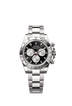 This Oyster Perpetual Cosmograph Daytona in 18 kt white gold, with a bright black and steel dial and an Oyster bracelet, features an 18 kt white gold bezel with an engraved tachymetric scale.