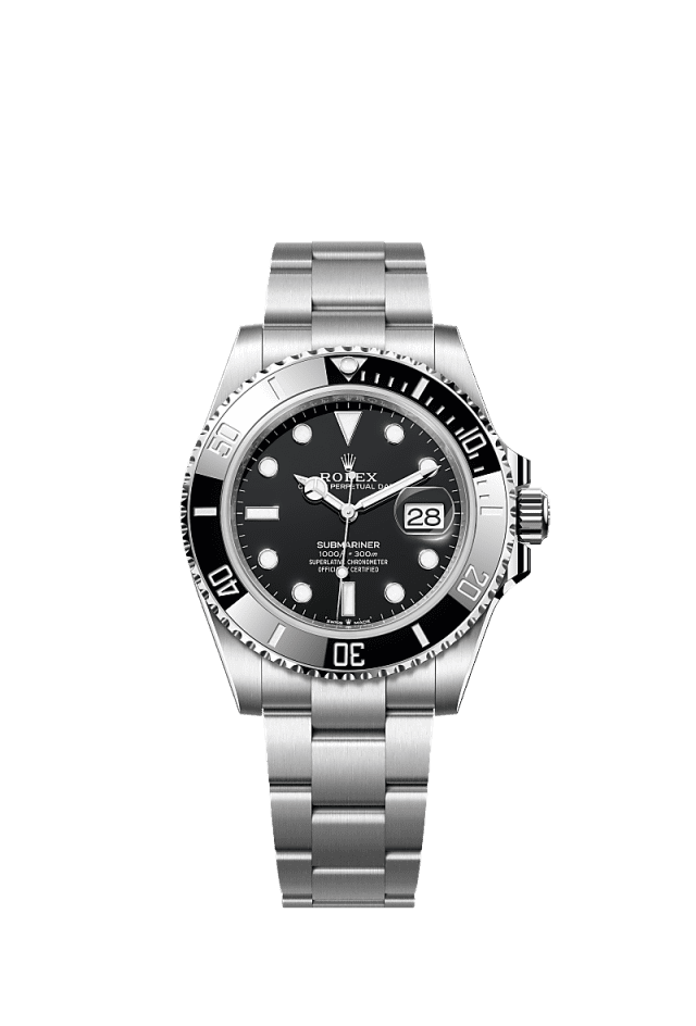 The Oyster Perpetual Submariner Date in Oystersteel with a Cerachrom bezel insert in black ceramic and a black dial with large luminescent hour markers. - WATCHXNYC