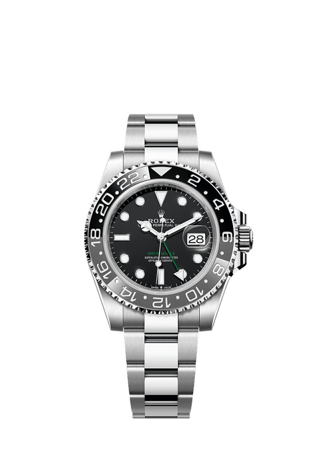 The Oyster Perpetual GMT-Master II in Oystersteel with a black dial and an Oyster bracelet. - WATCHXNYC
