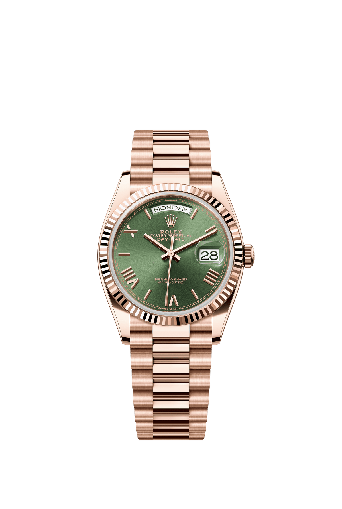 Rolex Day-Date 36mm Olive Green Dial Everose Gold 128235 - WATCHXNYC