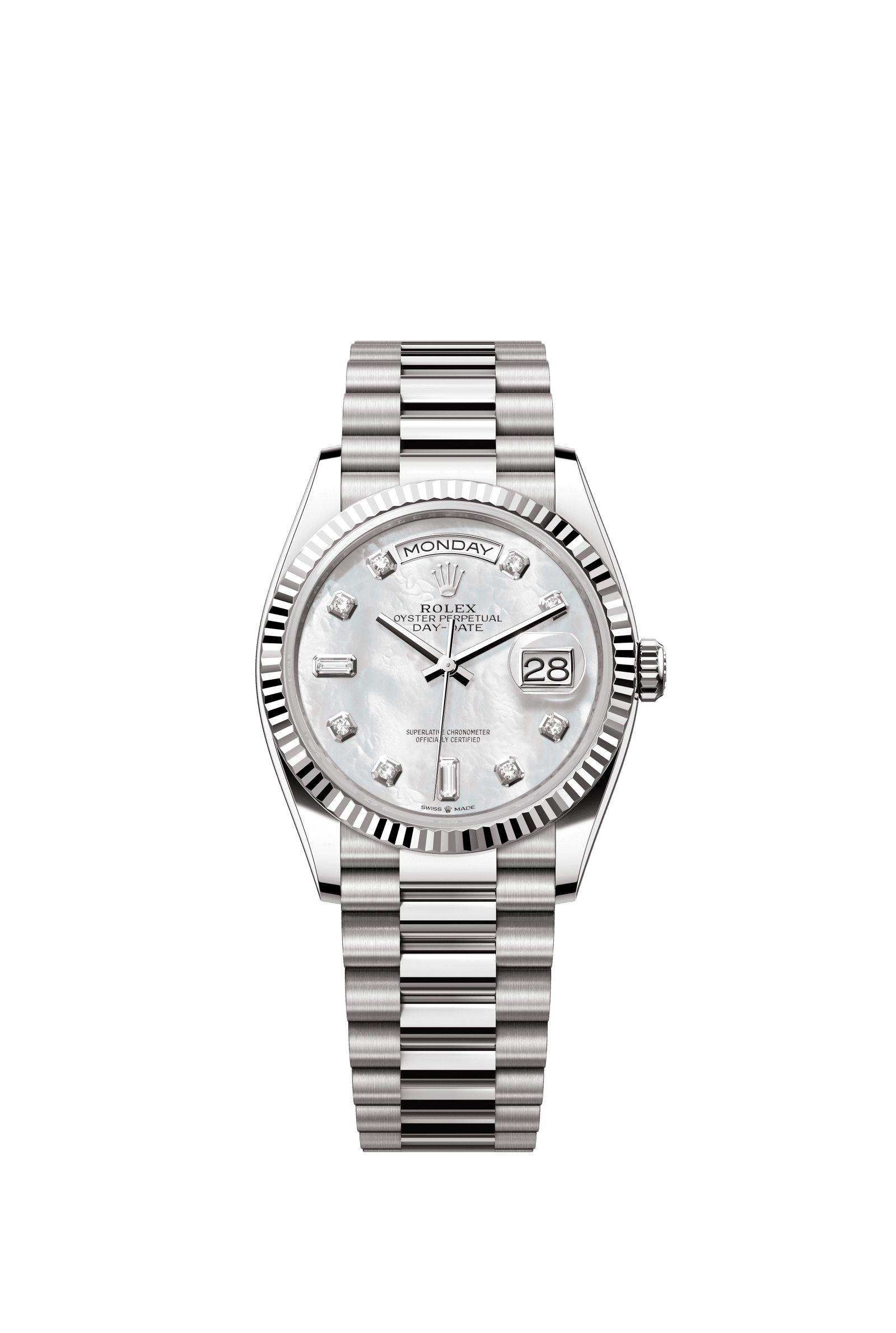 Rolex Day-Date 36mm White Mother-Of-Pearl Diamond Dial White Gold m128239-0007 - WATCHXNYC