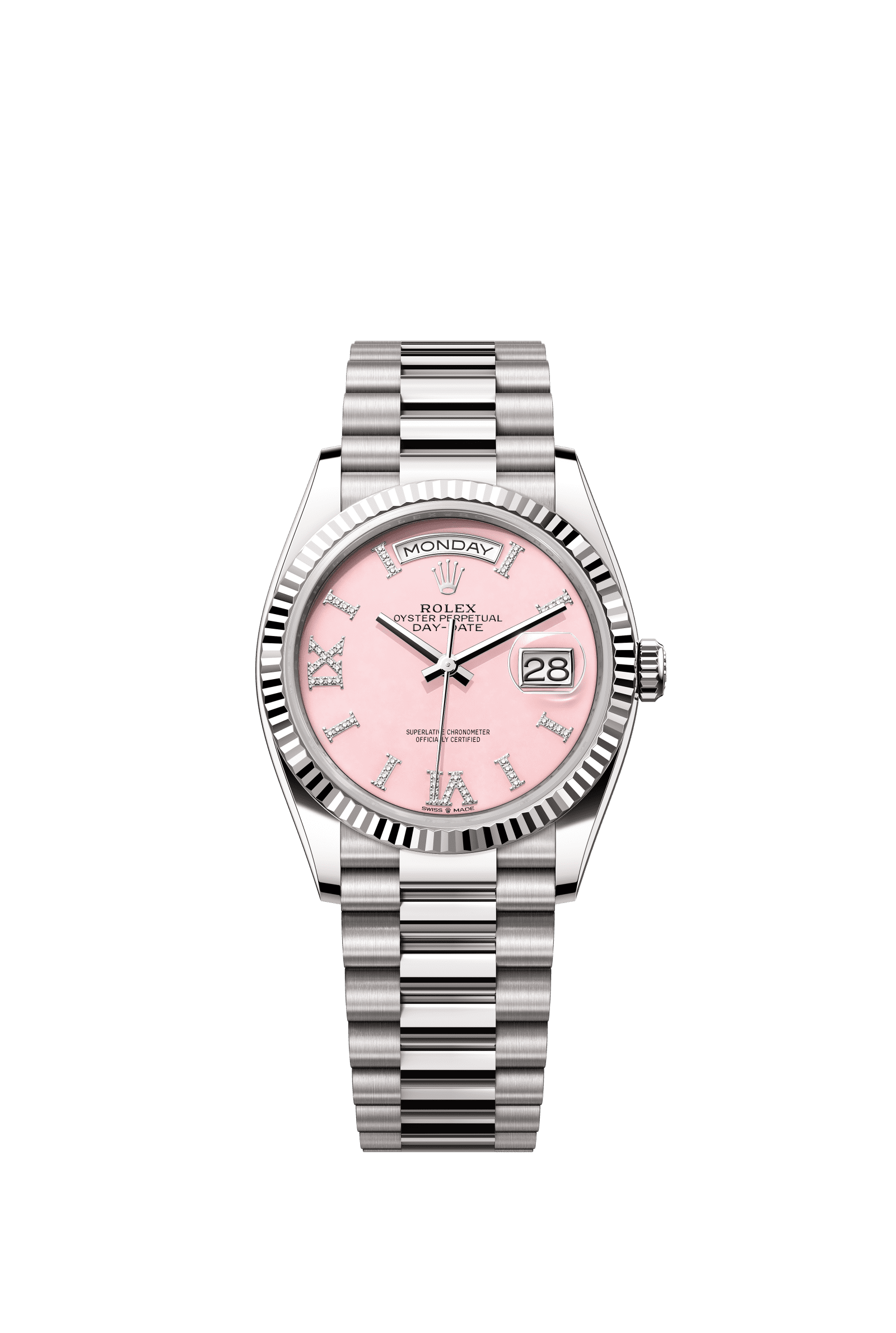 Rolex Day-Date 36mm Pink Diamond Dial White Gold m128239-0021 - WATCHXNYC