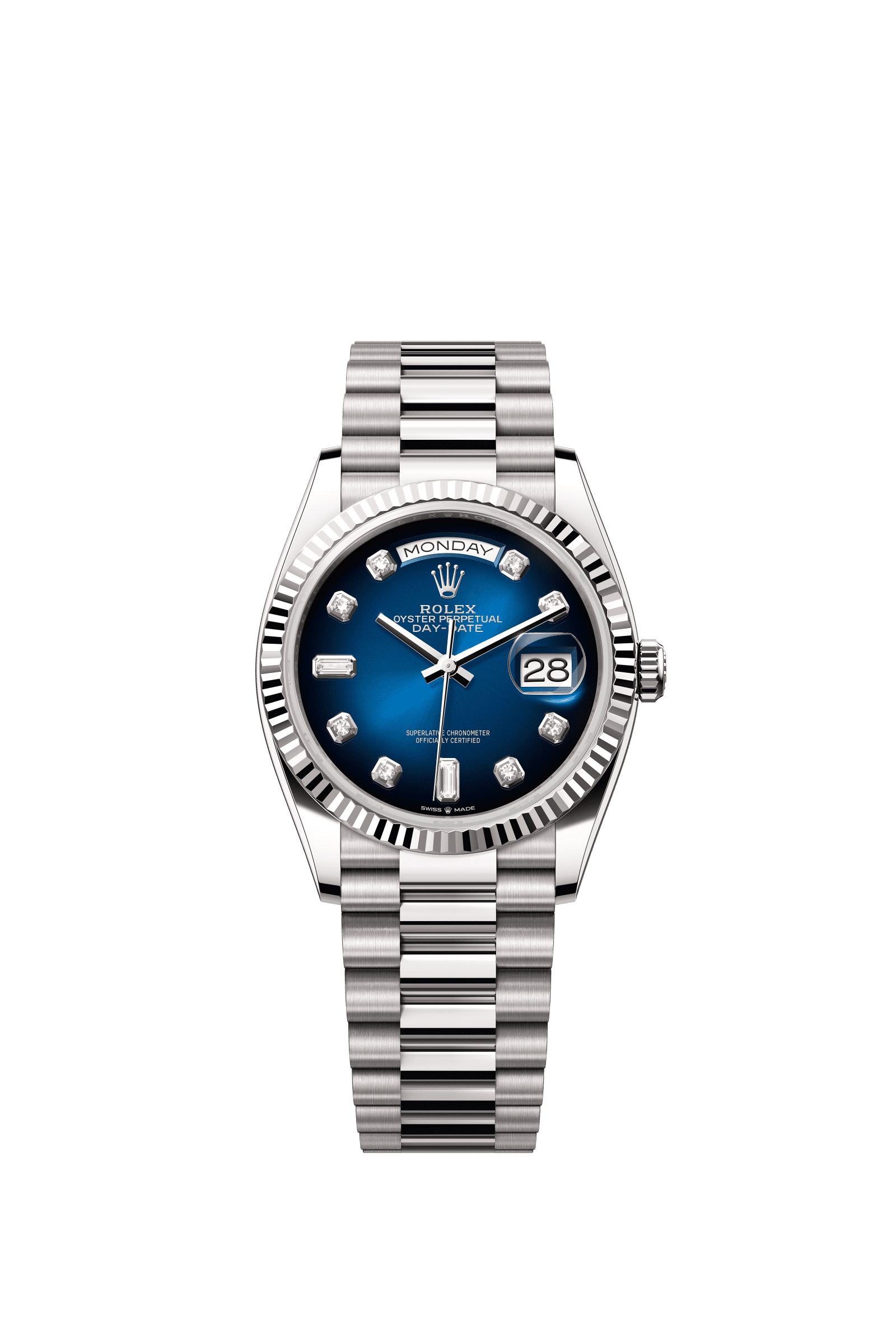 Rolex Day-Date 36mm Blue Ombré Diamond Dial White Gold m128239-0023 - WATCHXNYC