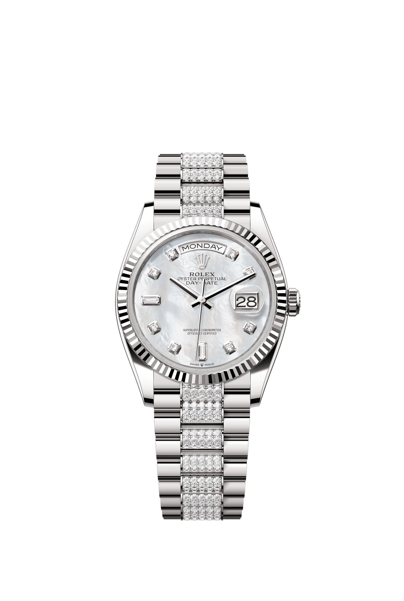 Rolex Day-Date 36mm White Mother-Of-Pearl Diamond Dial White Gold m128239-0026 - WATCHXNYC
