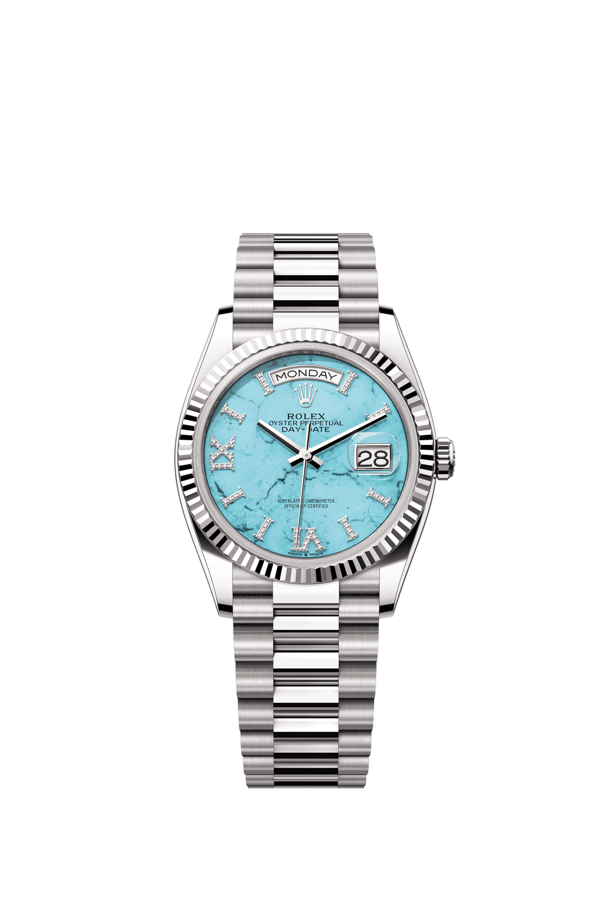Rolex Day-Date 36mm Turquoise Diamond Dial White Gold m128239-0044 - WATCHXNYC