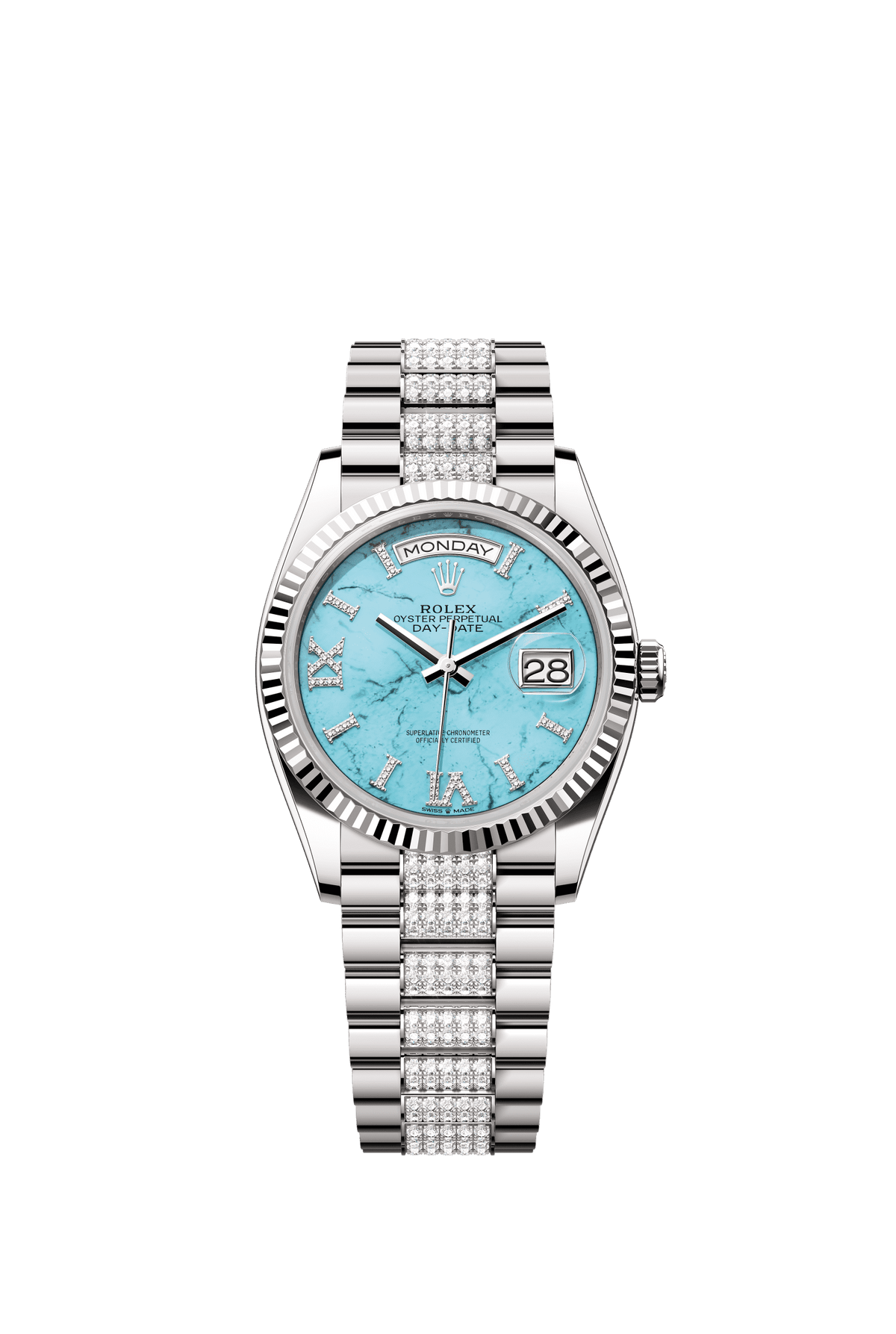 Rolex Day-Date 36mm Turquoise Diamond Dial White Gold m128239-0045 - WATCHXNYC