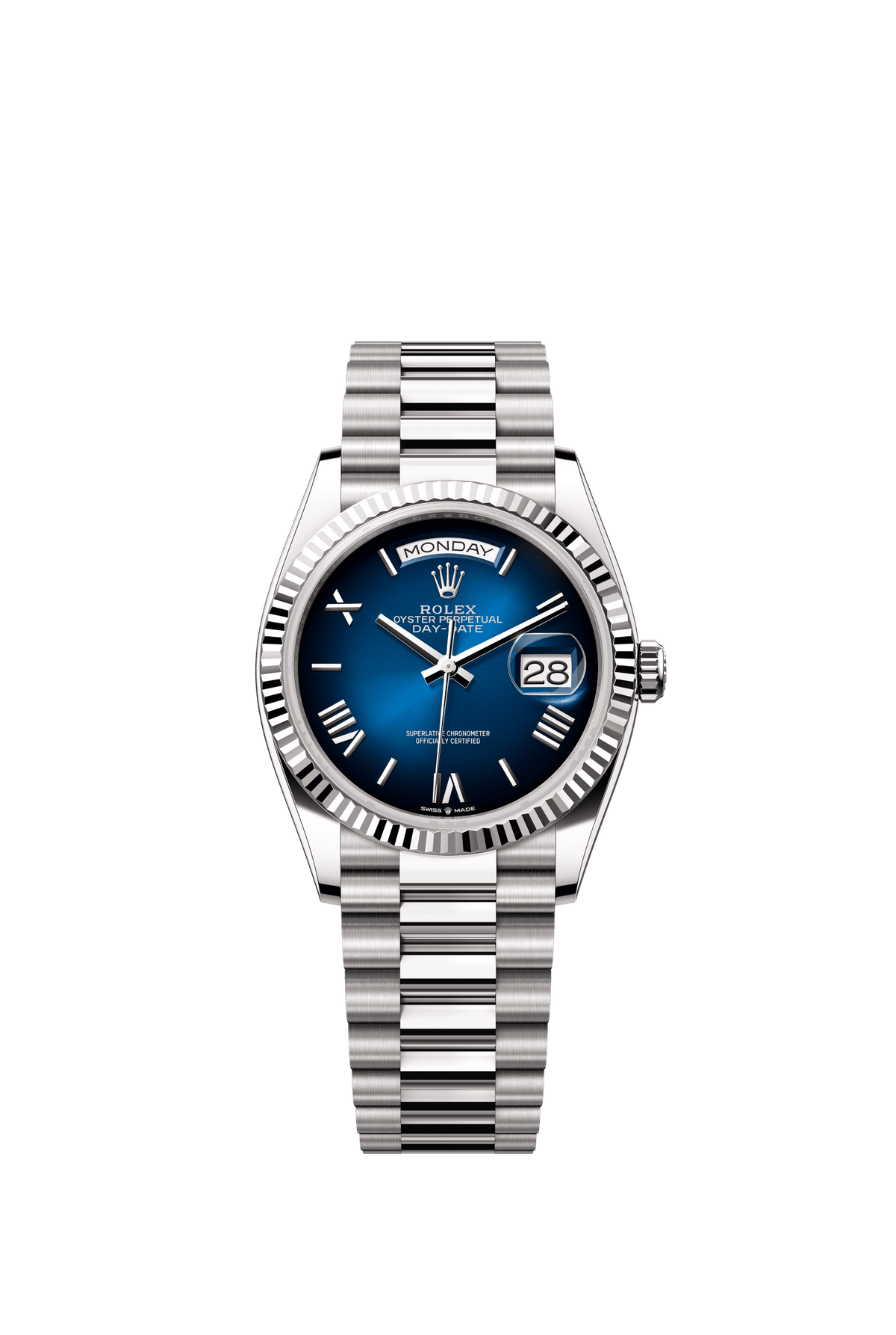 Rolex Day-Date 36mm Blue Ombré Dial White Gold m128239-0063 - WATCHXNYC