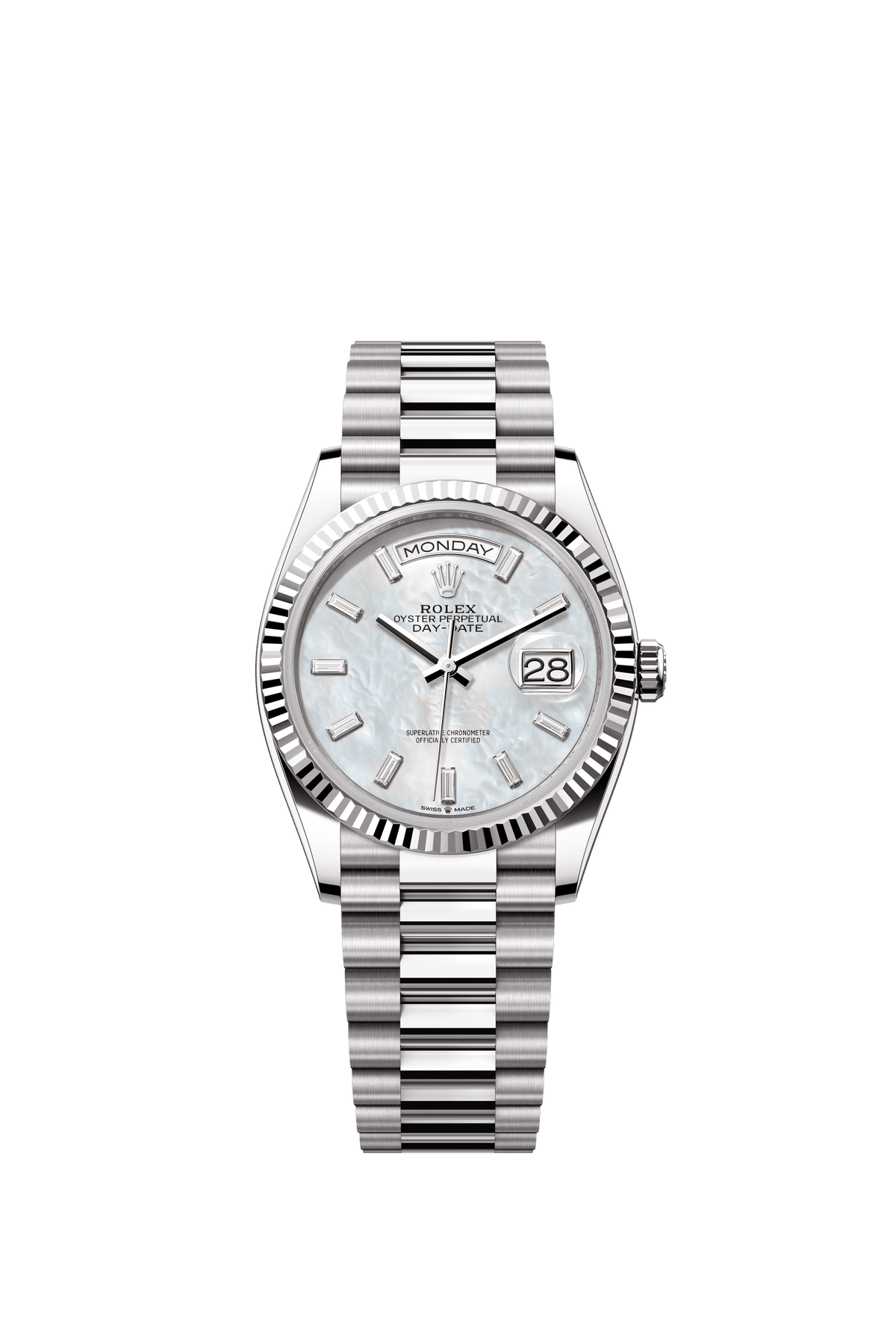 Rolex Day-Date 36mm White Mother-Of-Pearl Diamond Dial White Gold m128239-0065 - WATCHXNYC