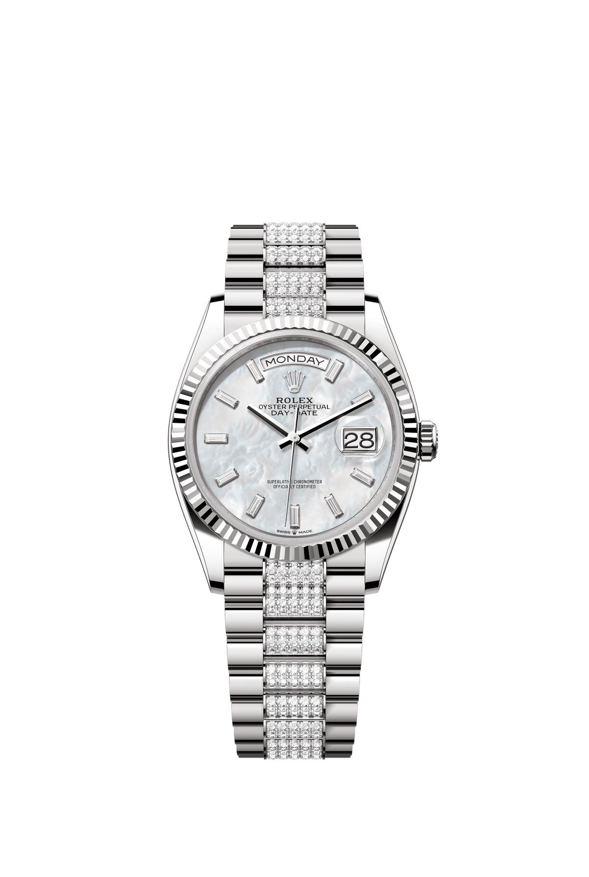 Rolex Day-Date 36mm White Mother-Of-Pearl Diamond Dial White Gold m128239-0066 - WATCHXNYC