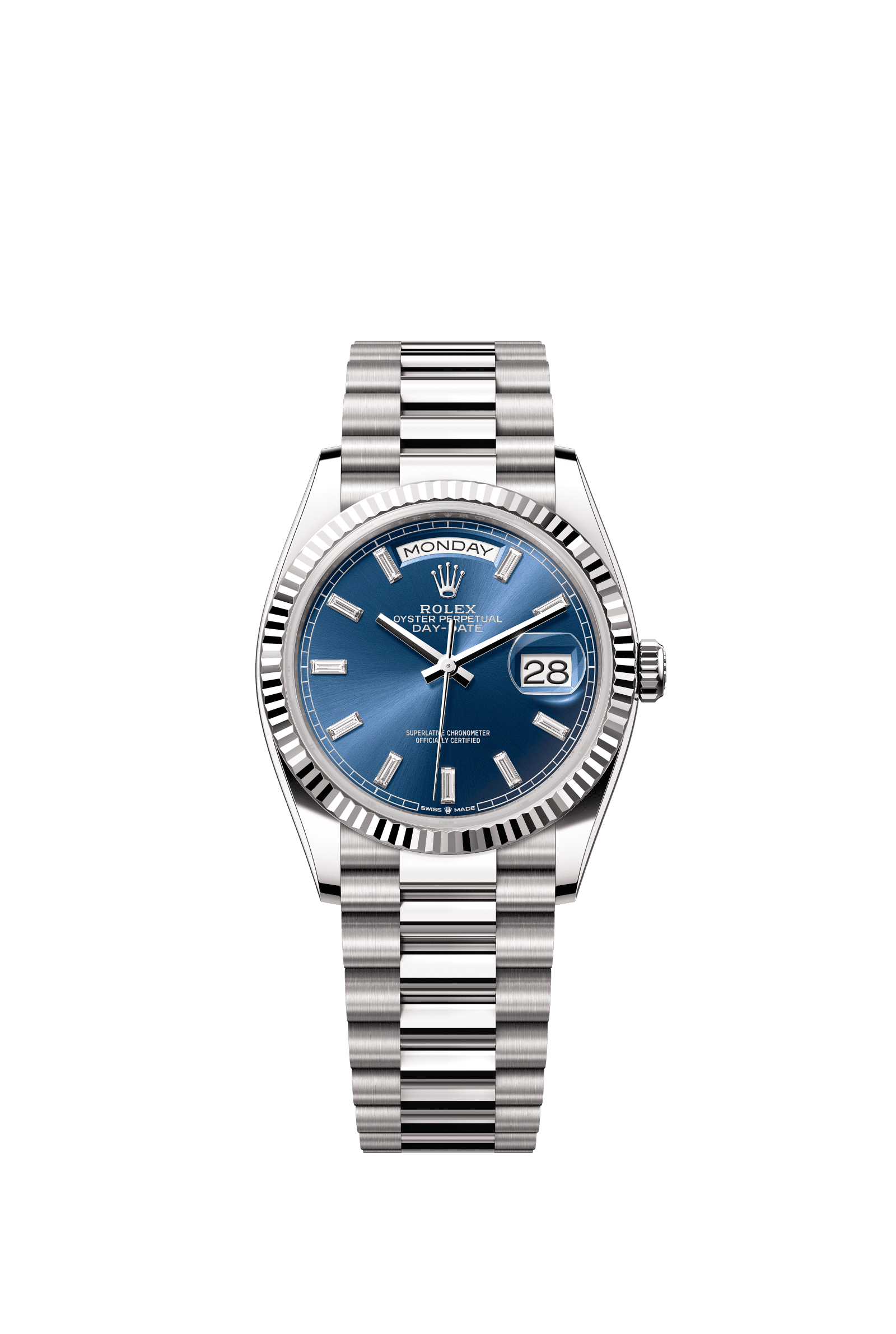 Rolex Day-Date 36mm Bright Blue Diamond Dial White Gold m128239-0069 - WATCHXNYC