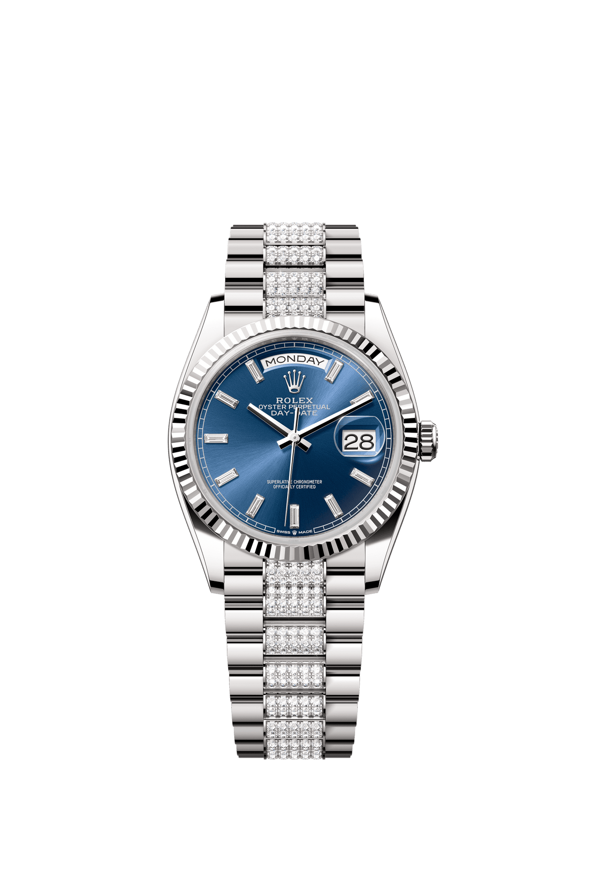 Rolex Day-Date 36mm Bright Blue Diamond Dial White Gold m128239-0070 - WATCHXNYC