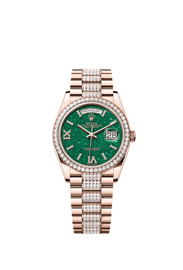 Rolex Day-Date 36mm Green Aventurine Diamonds Dial Everose Gold 128345RBR - WATCHXNYC