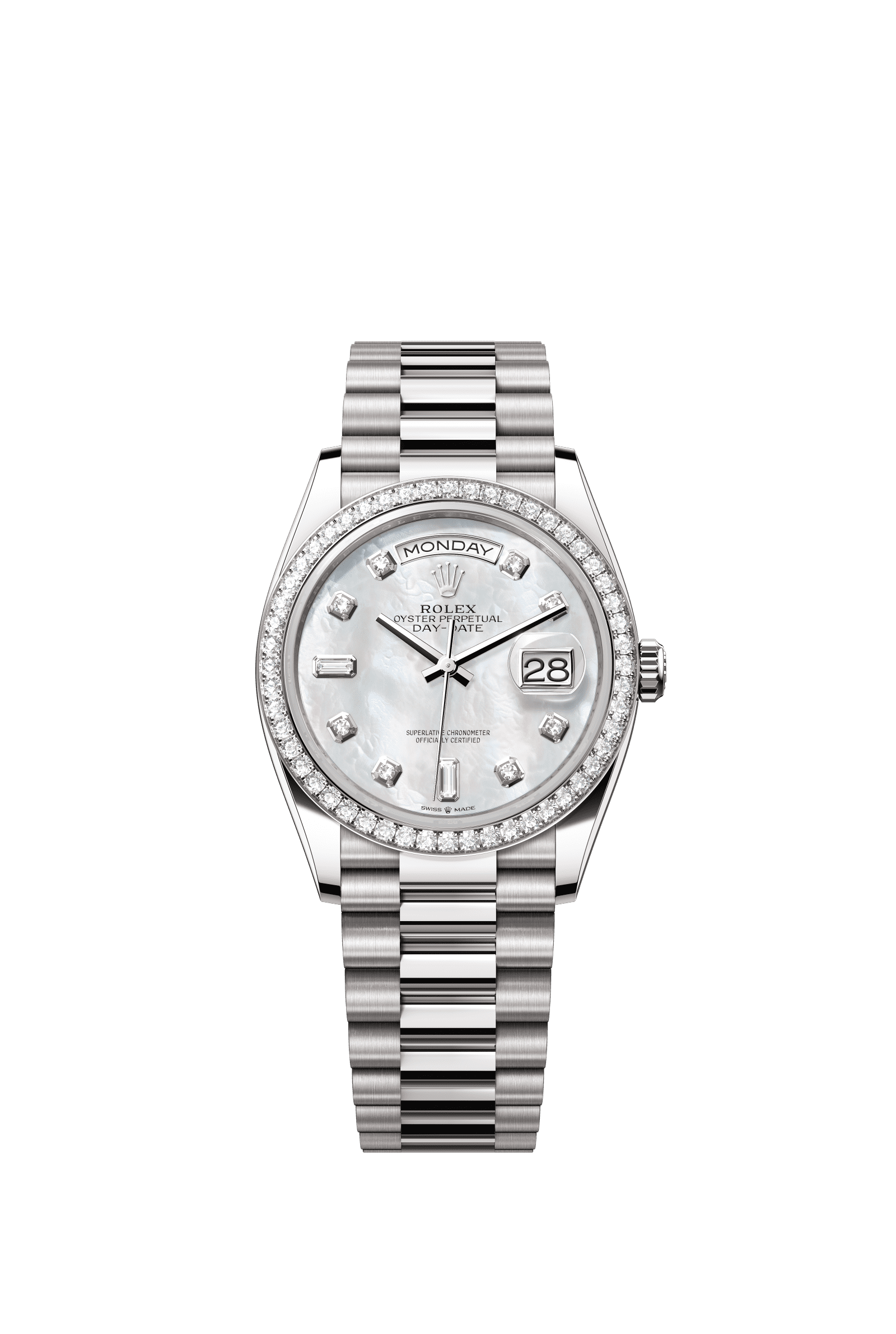 Rolex Day-Date 36mm White Mother-Of-Pearl Diamond Dial White Gold m128349rbr-0004 - WATCHXNYC
