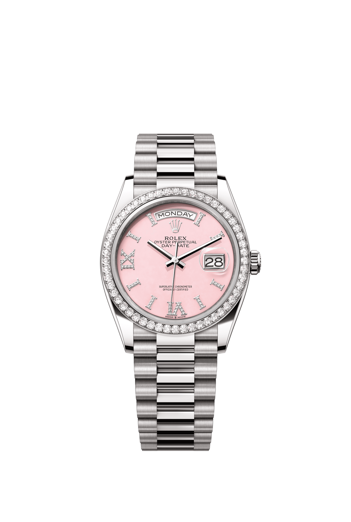 Rolex Day-Date 36mm Pink Diamond Dial White Gold m128349rbr-0008 - WATCHXNYC