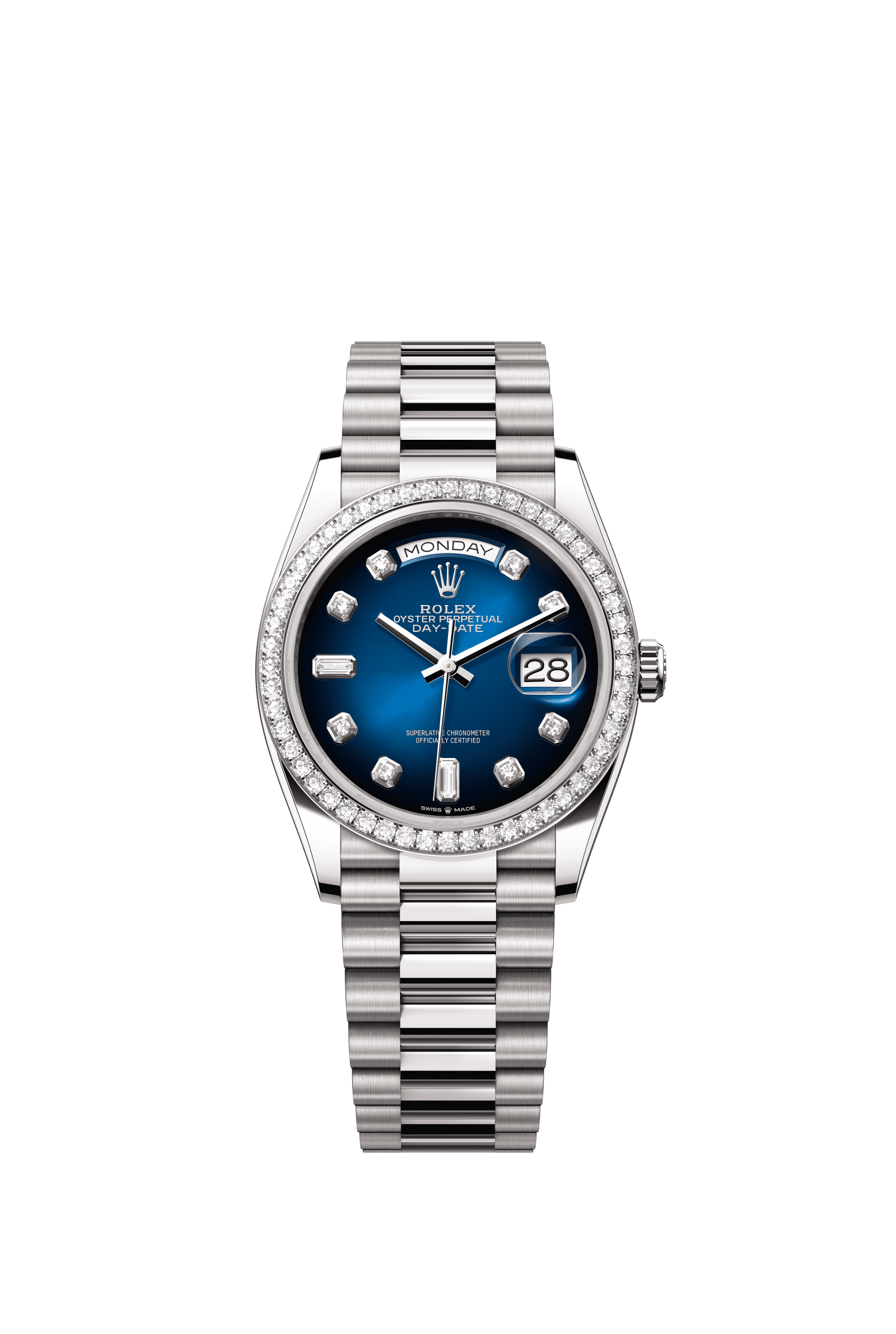 Rolex Day-Date 36mm Blue Ombré Diamond Dial White Gold m128349rbr-0010 - WATCHXNYC