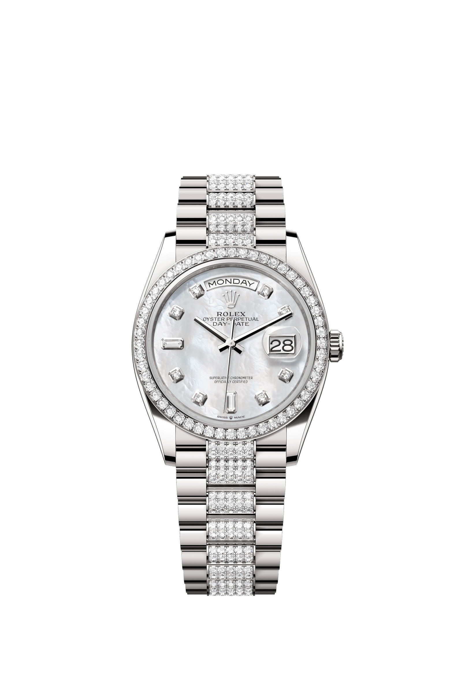 Rolex Day-Date 36mm White Mother-Of-Pearl Diamond Dial White Gold m128349rbr-0014 - WATCHXNYC