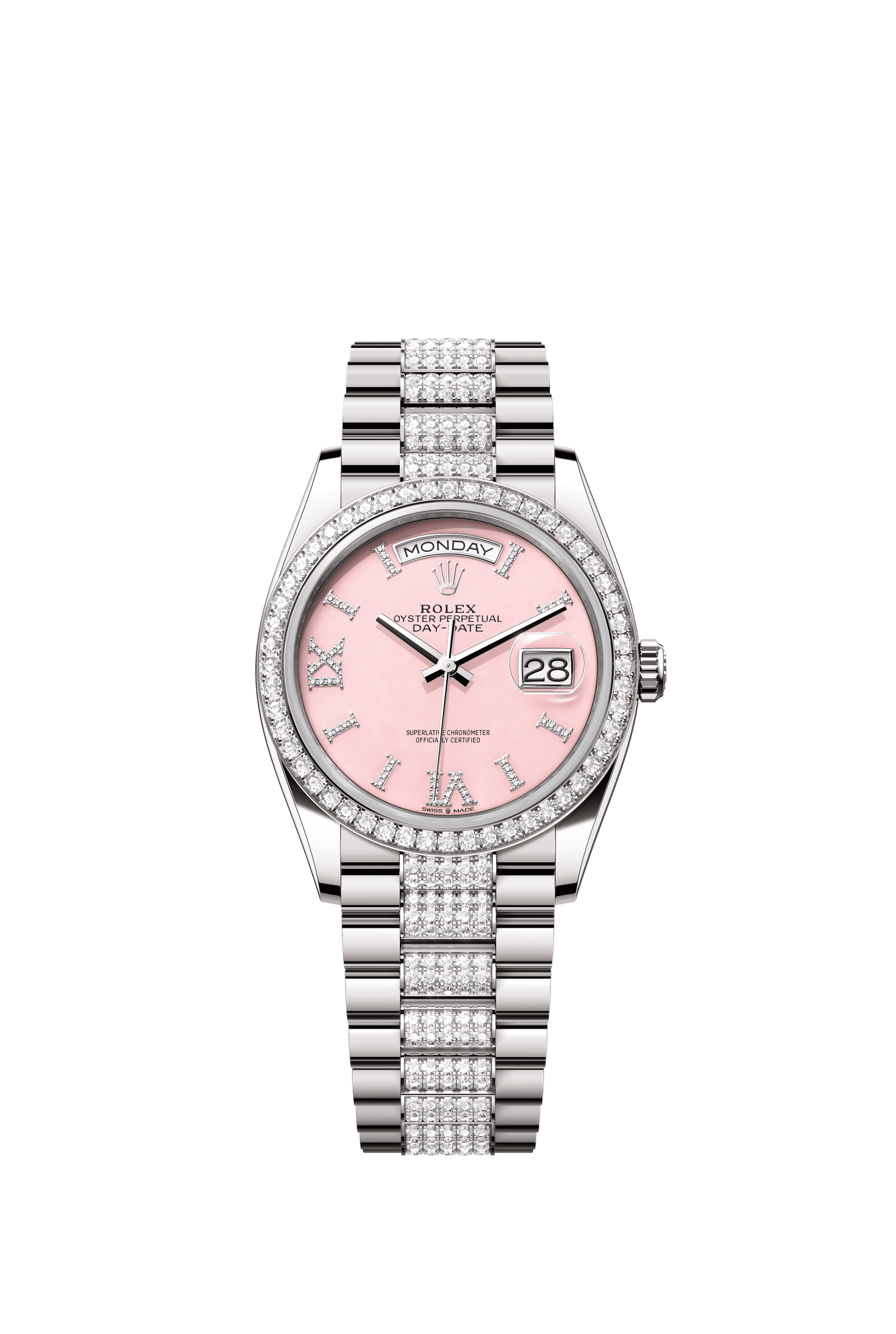 Rolex Day-Date 36mm Pink Diamond Dial White Gold m128349rbr-0017 - WATCHXNYC