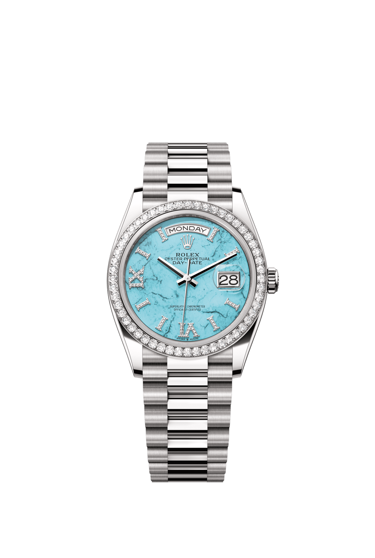 Rolex Day-Date 36mm Turquoise Diamond Dial White Gold m128349rbr-0031 - WATCHXNYC