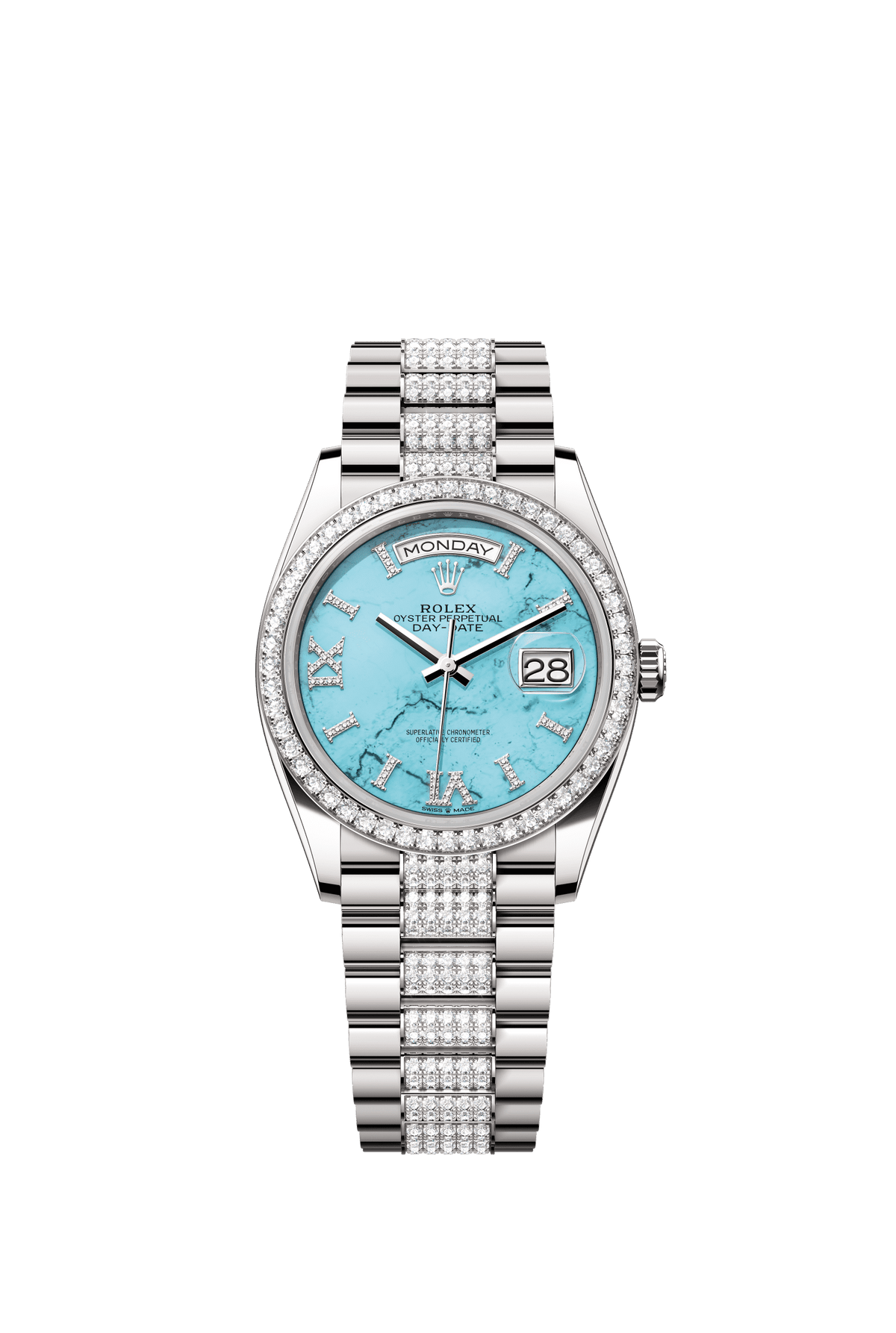 Rolex Day-Date 36mm Turquoise Diamond Dial White Gold m128349rbr-0032 - WATCHXNYC