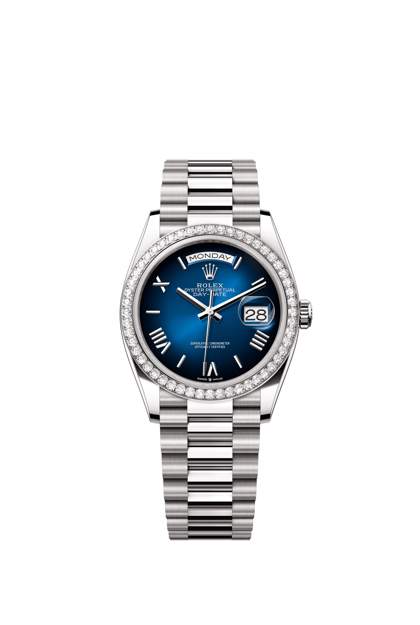 Rolex Day-Date 36mm Blue Ombré Dial White Gold m128349rbr-0047 - WATCHXNYC