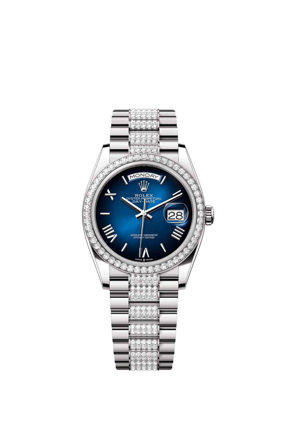 Rolex Day-Date 36mm Blue Ombré Dial White Gold m128349rbr-0048 - WATCHXNYC