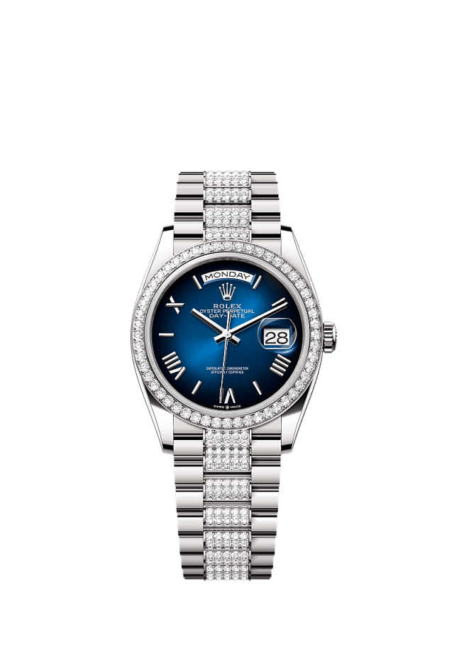 Rolex Day-Date 36mm Blue Ombré Dial White Gold 128349RBR - WATCHXNYC